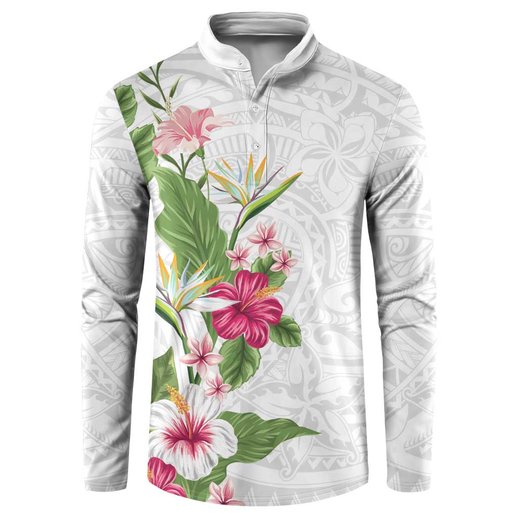 Hawaii Tropical Flowers Button Sweatshirt Polynesian Tattoo White LT05 White - Polynesian Pride