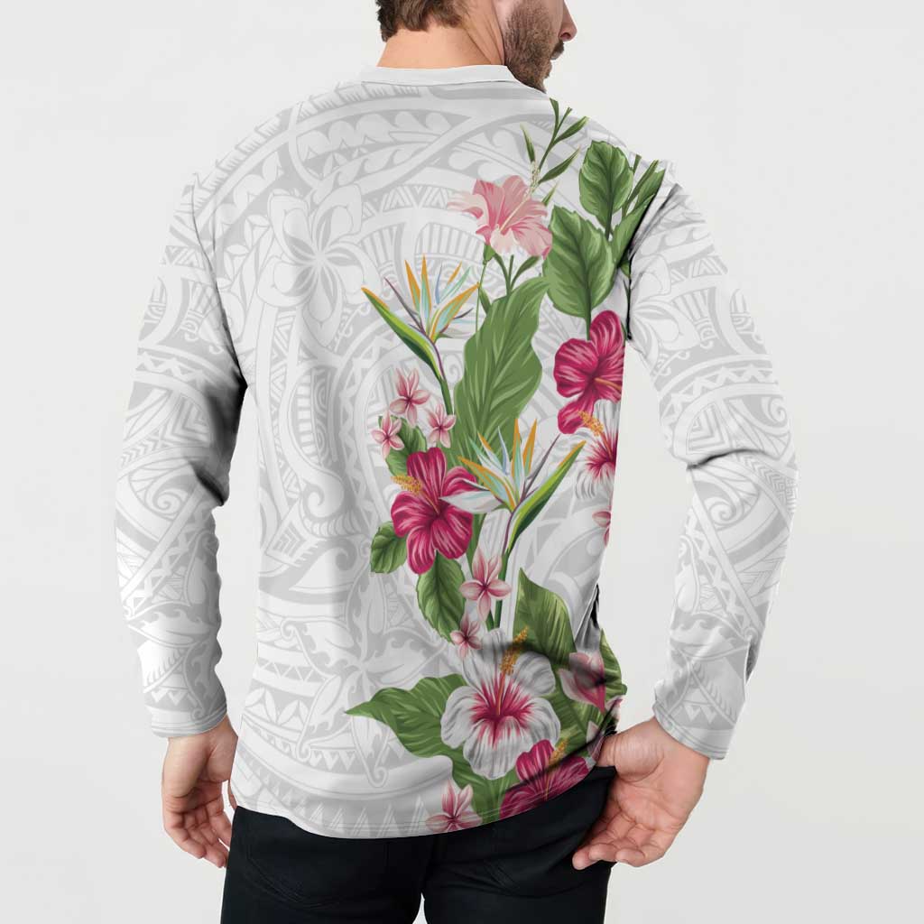 Hawaii Tropical Flowers Button Sweatshirt Polynesian Tattoo White LT05 - Polynesian Pride