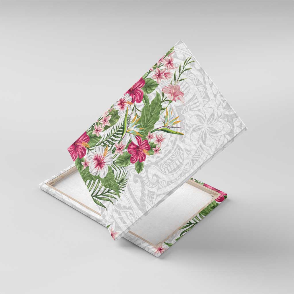 Hawaii Tropical Flowers Canvas Wall Art Polynesian Tattoo White LT05 With Frame White - Polynesian Pride