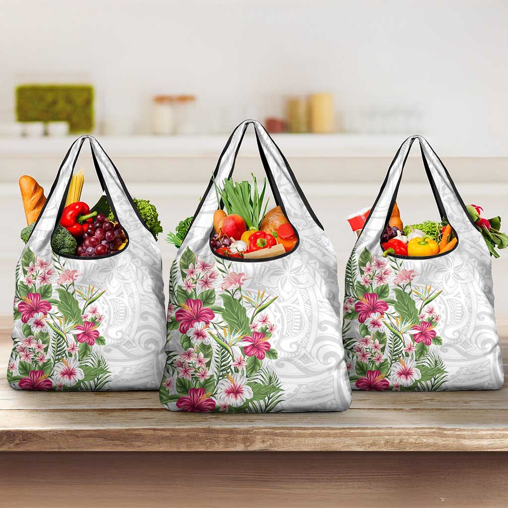 Hawaii Tropical Flowers Grocery Bag Polynesian Tattoo White LT05 3-pack One Size White - Polynesian Pride