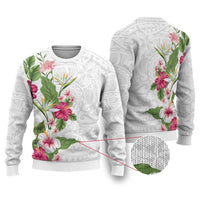Hawaii Tropical Flowers Ugly Christmas Sweater Polynesian Tattoo White LT05 White - Polynesian Pride