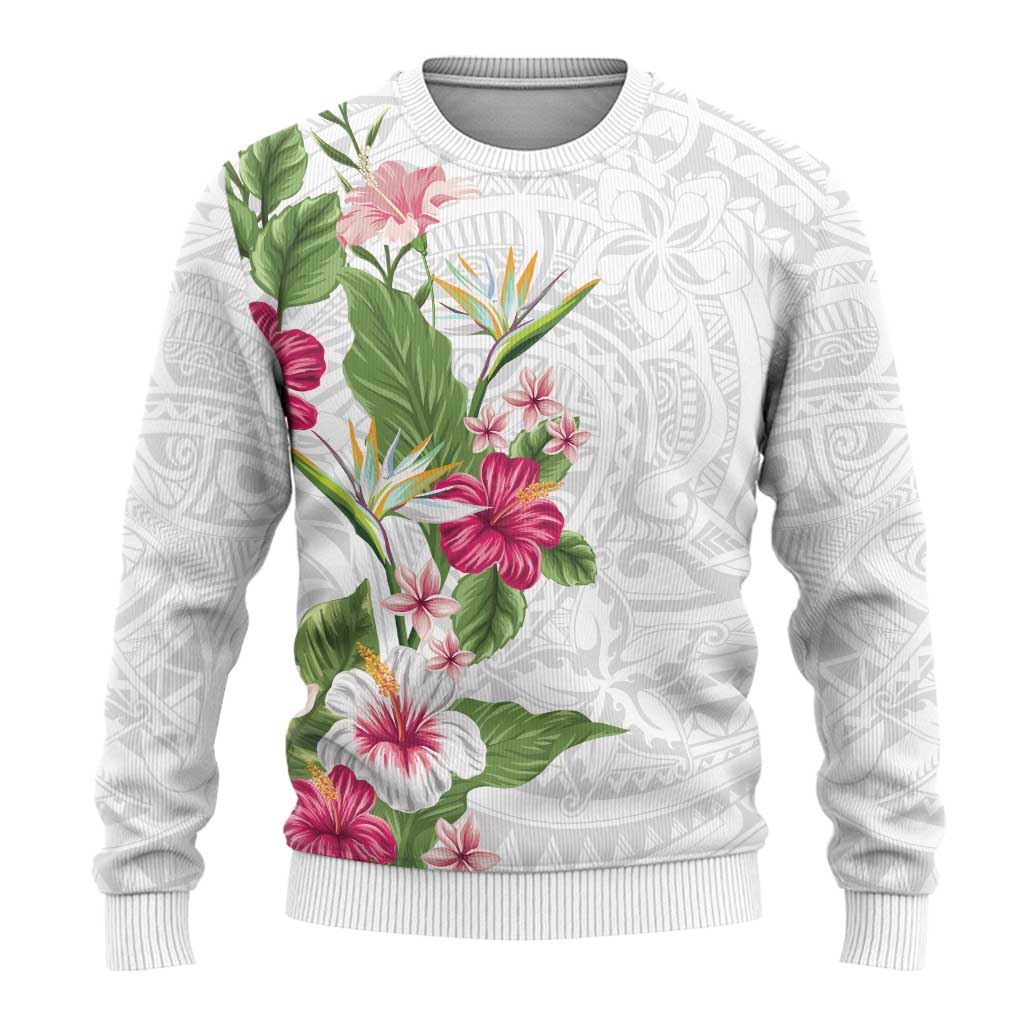 Hawaii Tropical Flowers Ugly Christmas Sweater Polynesian Tattoo White LT05 - Polynesian Pride