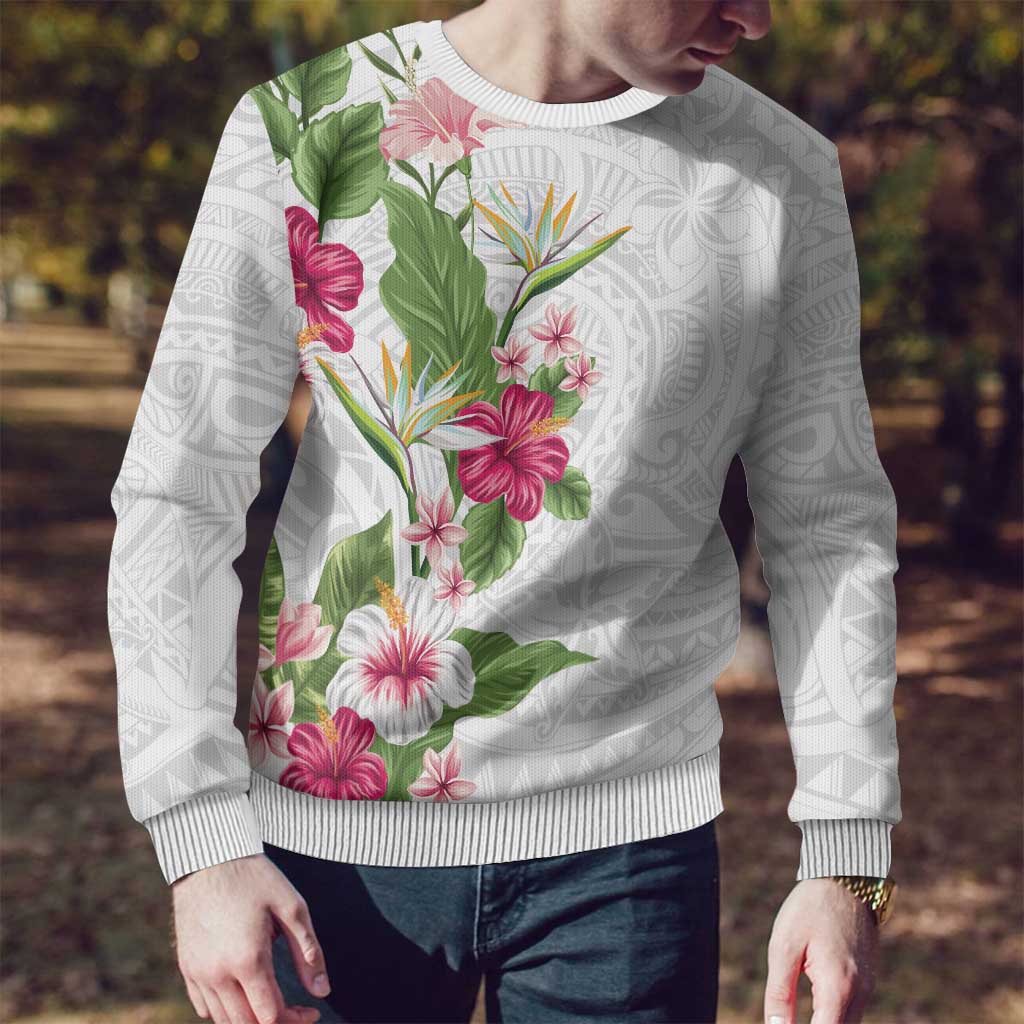 Hawaii Tropical Flowers Ugly Christmas Sweater Polynesian Tattoo White LT05 - Polynesian Pride