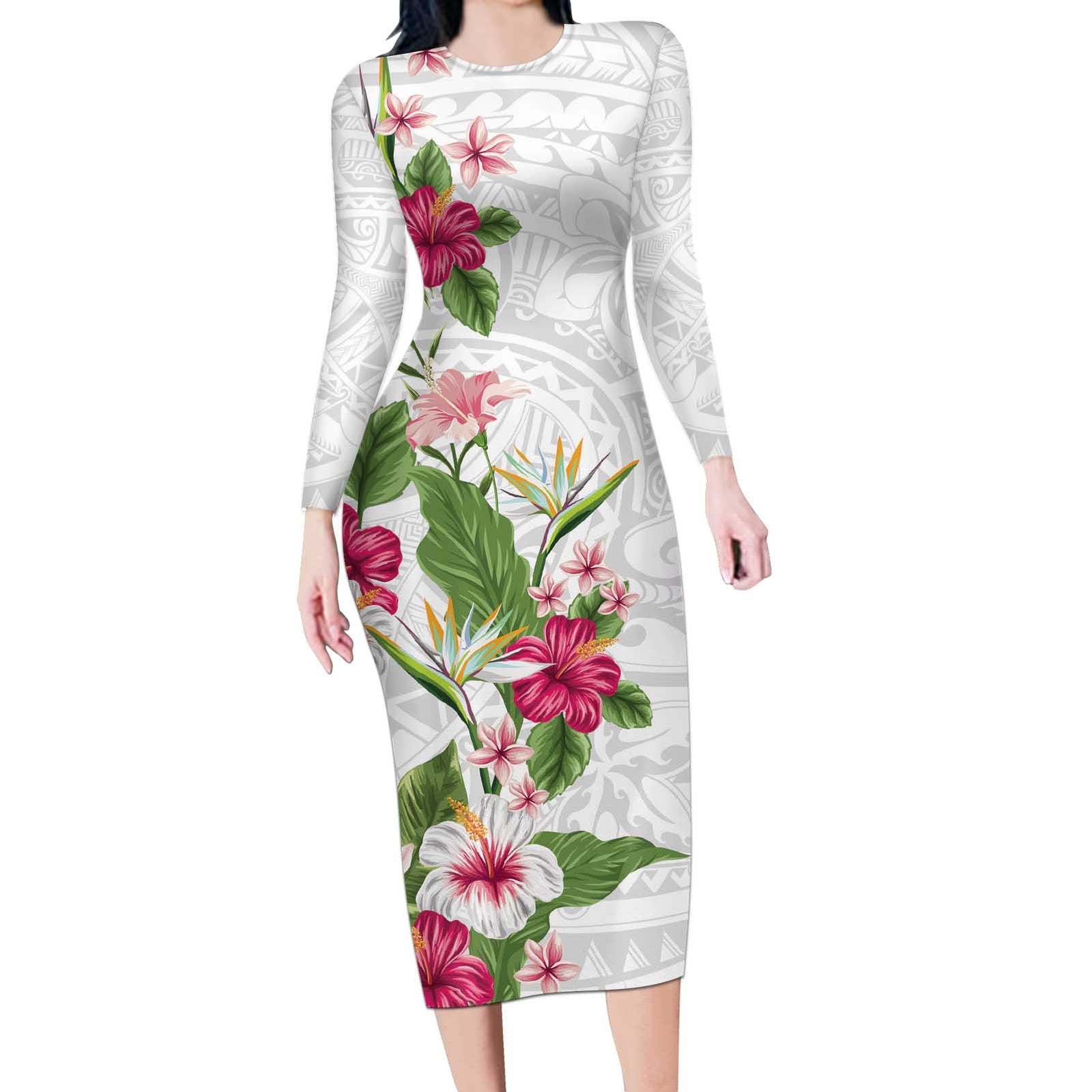 Hawaii Tropical Flowers Long Sleeve Bodycon Dress Polynesian Tattoo White LT05 Long Dress White - Polynesian Pride