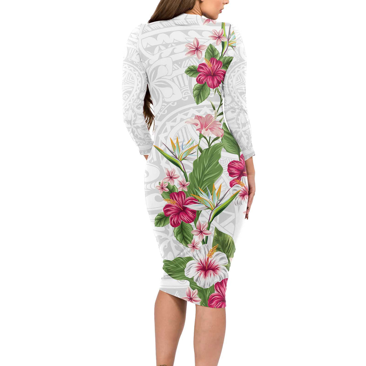 Hawaii Tropical Flowers Long Sleeve Bodycon Dress Polynesian Tattoo White LT05 - Polynesian Pride