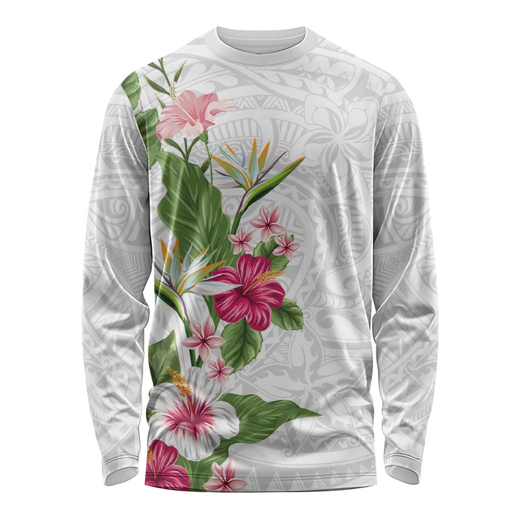 Hawaii Tropical Flowers Long Sleeve Shirt Polynesian Tattoo White LT05 Unisex White - Polynesian Pride