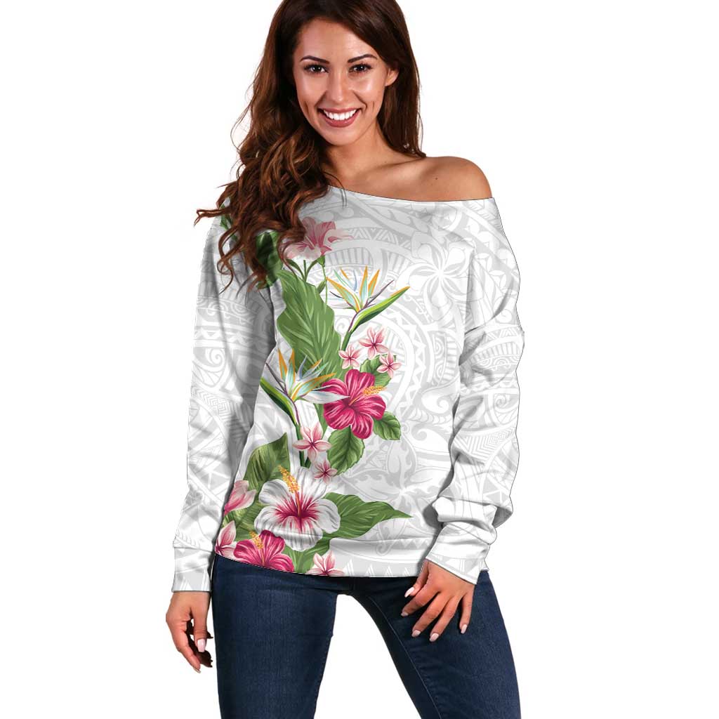 Hawaii Tropical Flowers Off Shoulder Sweater Polynesian Tattoo White LT05 Women White - Polynesian Pride