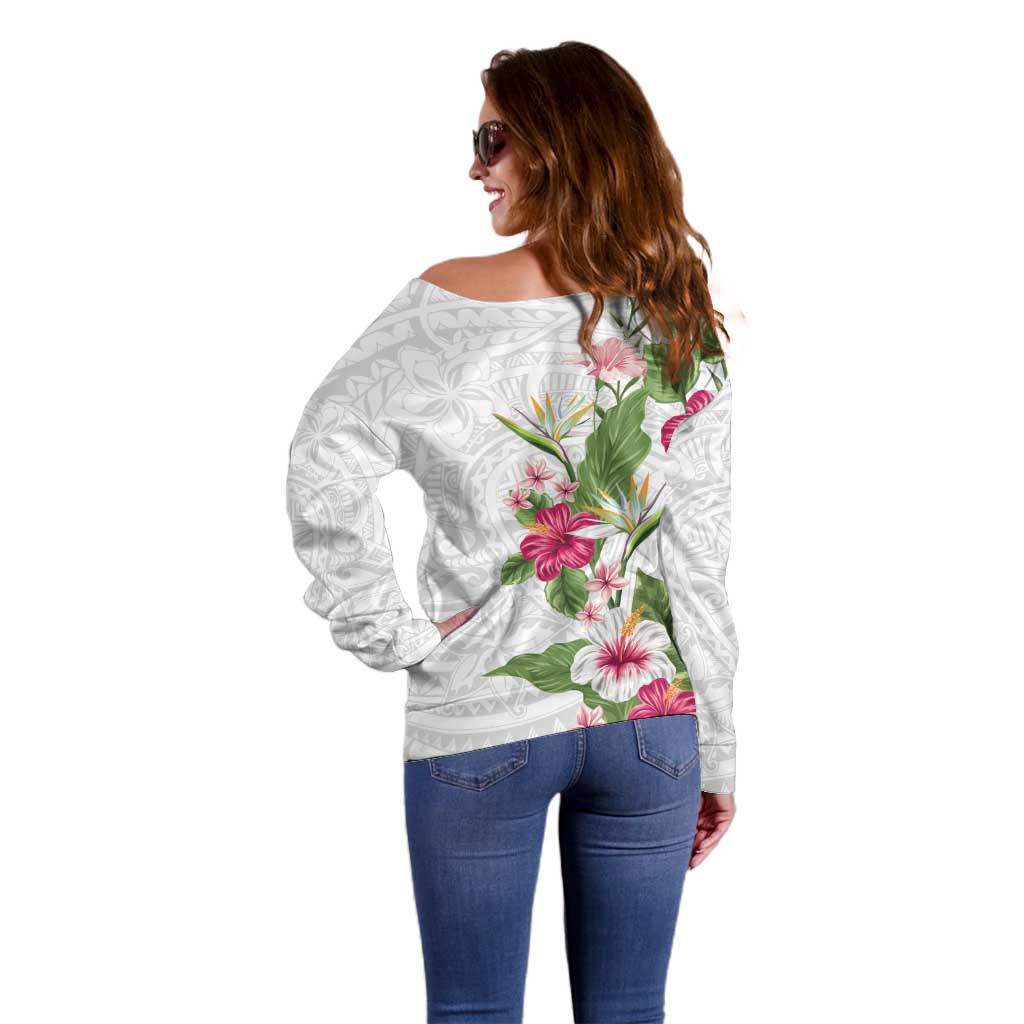 Hawaii Tropical Flowers Off Shoulder Sweater Polynesian Tattoo White LT05 - Polynesian Pride