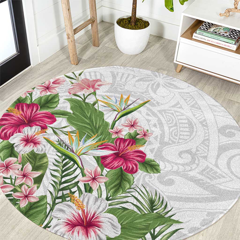 Hawaii Tropical Flowers Round Carpet Polynesian Tattoo White LT05 White - Polynesian Pride