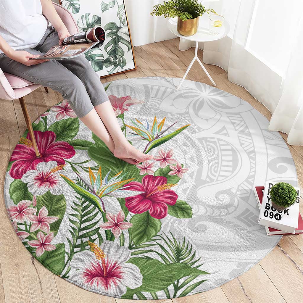 Hawaii Tropical Flowers Round Carpet Polynesian Tattoo White LT05 - Polynesian Pride