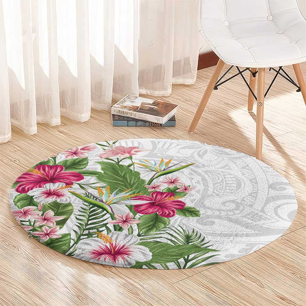 Hawaii Tropical Flowers Round Carpet Polynesian Tattoo White LT05 - Polynesian Pride