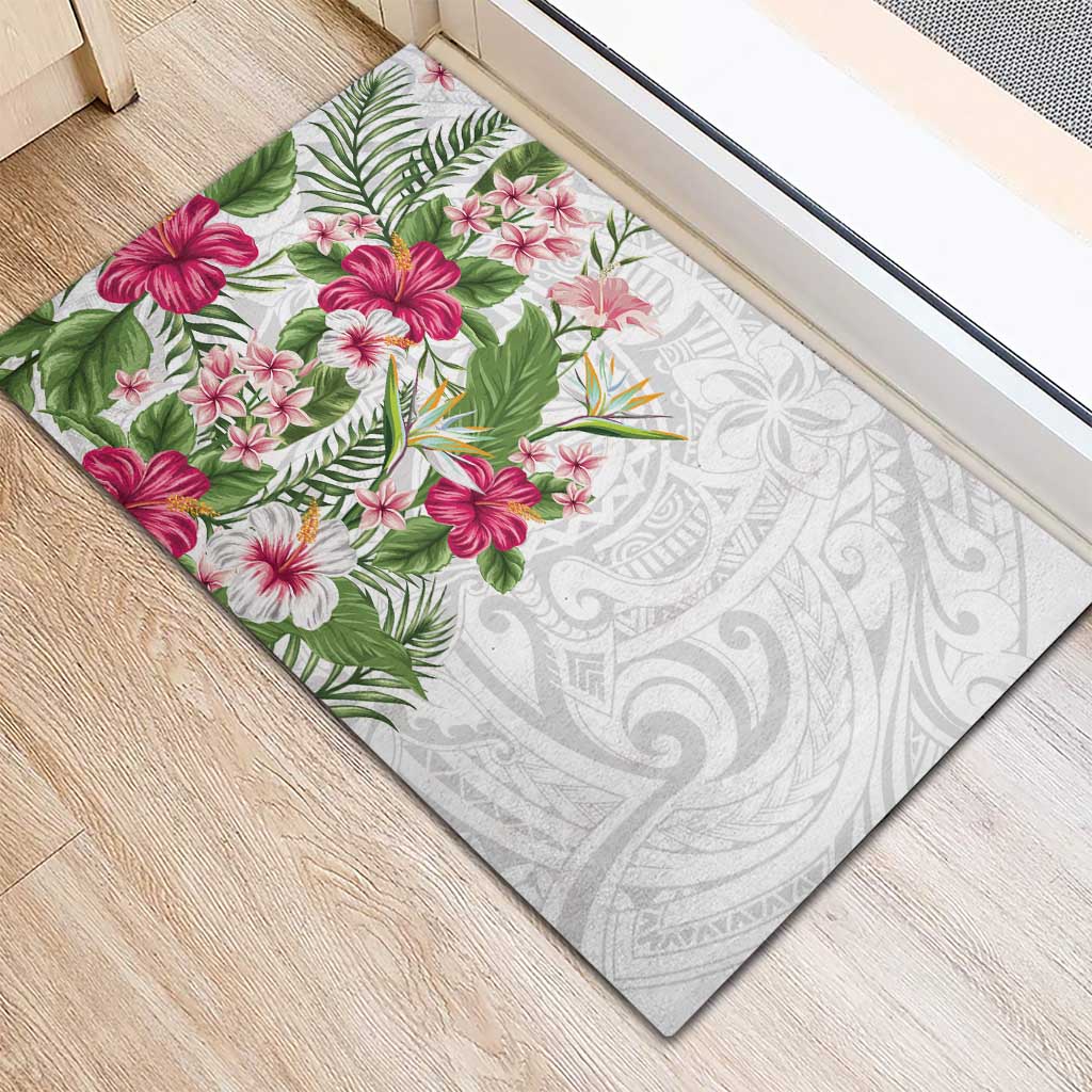 Hawaii Tropical Flowers Rubber Doormat Polynesian Tattoo White LT05 - Polynesian Pride