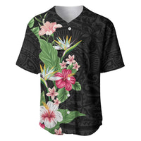 Hawaii Tropical Flowers Baseball Jersey Polynesian Tattoo Black LT05 Black - Polynesian Pride