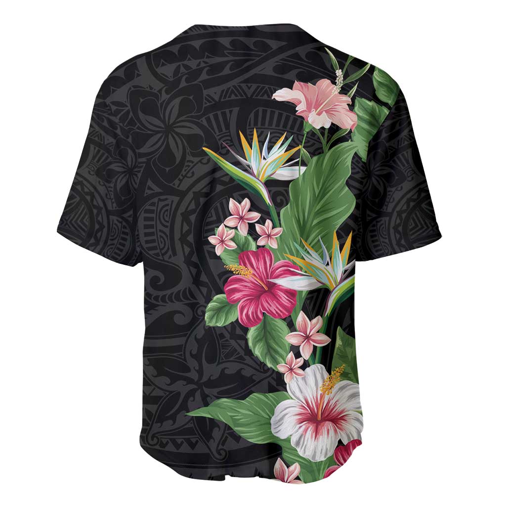 Hawaii Tropical Flowers Baseball Jersey Polynesian Tattoo Black LT05 - Polynesian Pride
