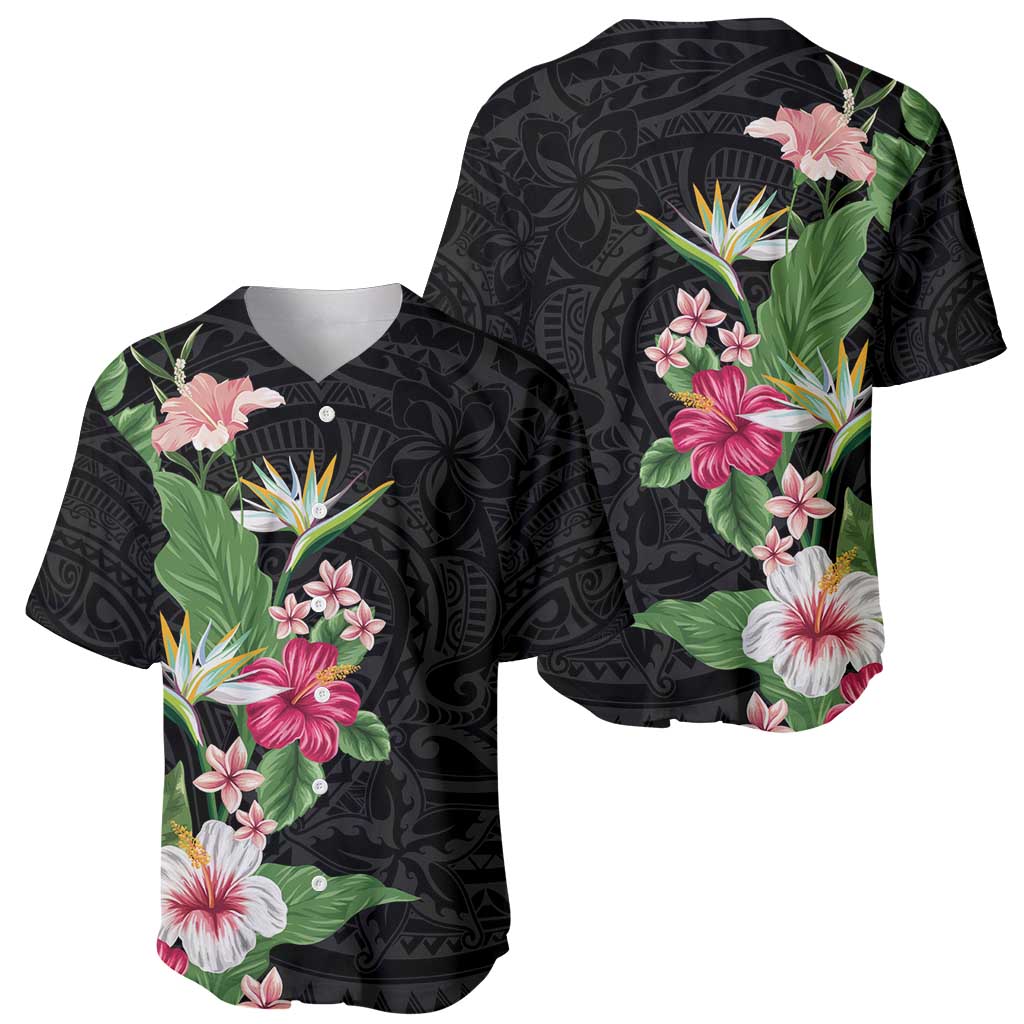 Hawaii Tropical Flowers Baseball Jersey Polynesian Tattoo Black LT05 - Polynesian Pride
