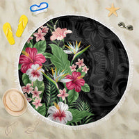 Hawaii Tropical Flowers Beach Blanket Polynesian Tattoo Black LT05 One Size 150cm Black - Polynesian Pride