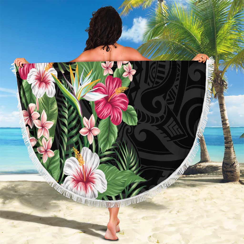Hawaii Tropical Flowers Beach Blanket Polynesian Tattoo Black LT05 - Polynesian Pride