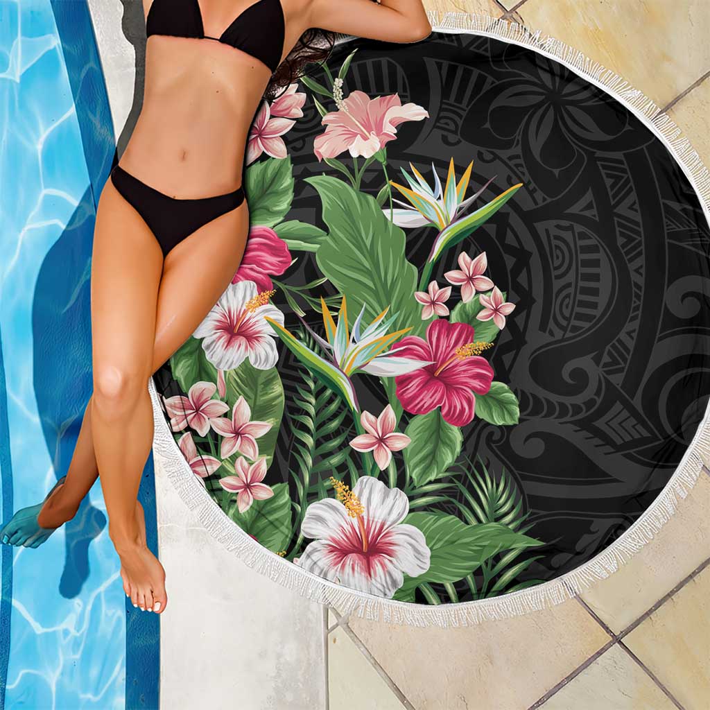 Hawaii Tropical Flowers Beach Blanket Polynesian Tattoo Black LT05 - Polynesian Pride
