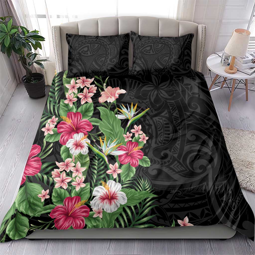 Hawaii Tropical Flowers Bedding Set Polynesian Tattoo Black LT05 - Polynesian Pride