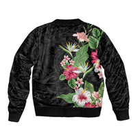 Hawaii Tropical Flowers Bomber Jacket Polynesian Tattoo Black LT05 - Polynesian Pride