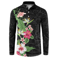 Hawaii Tropical Flowers Button Sweatshirt Polynesian Tattoo Black LT05 Black - Polynesian Pride