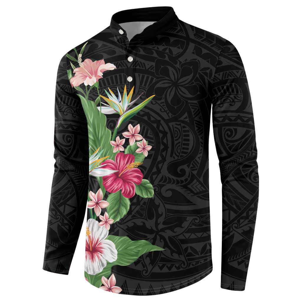 Hawaii Tropical Flowers Button Sweatshirt Polynesian Tattoo Black LT05 - Polynesian Pride