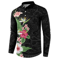 Hawaii Tropical Flowers Button Sweatshirt Polynesian Tattoo Black LT05 - Polynesian Pride