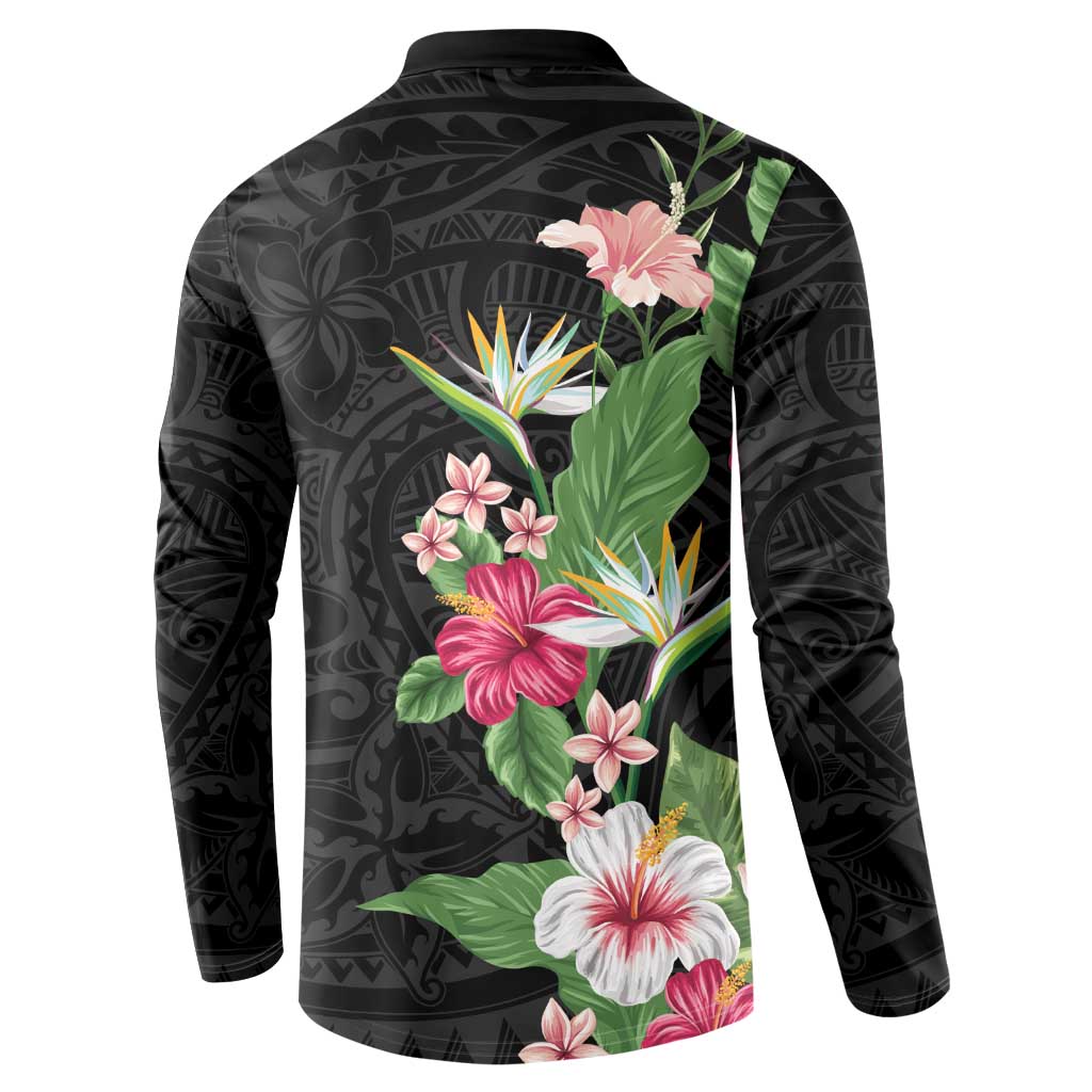 Hawaii Tropical Flowers Button Sweatshirt Polynesian Tattoo Black LT05 - Polynesian Pride