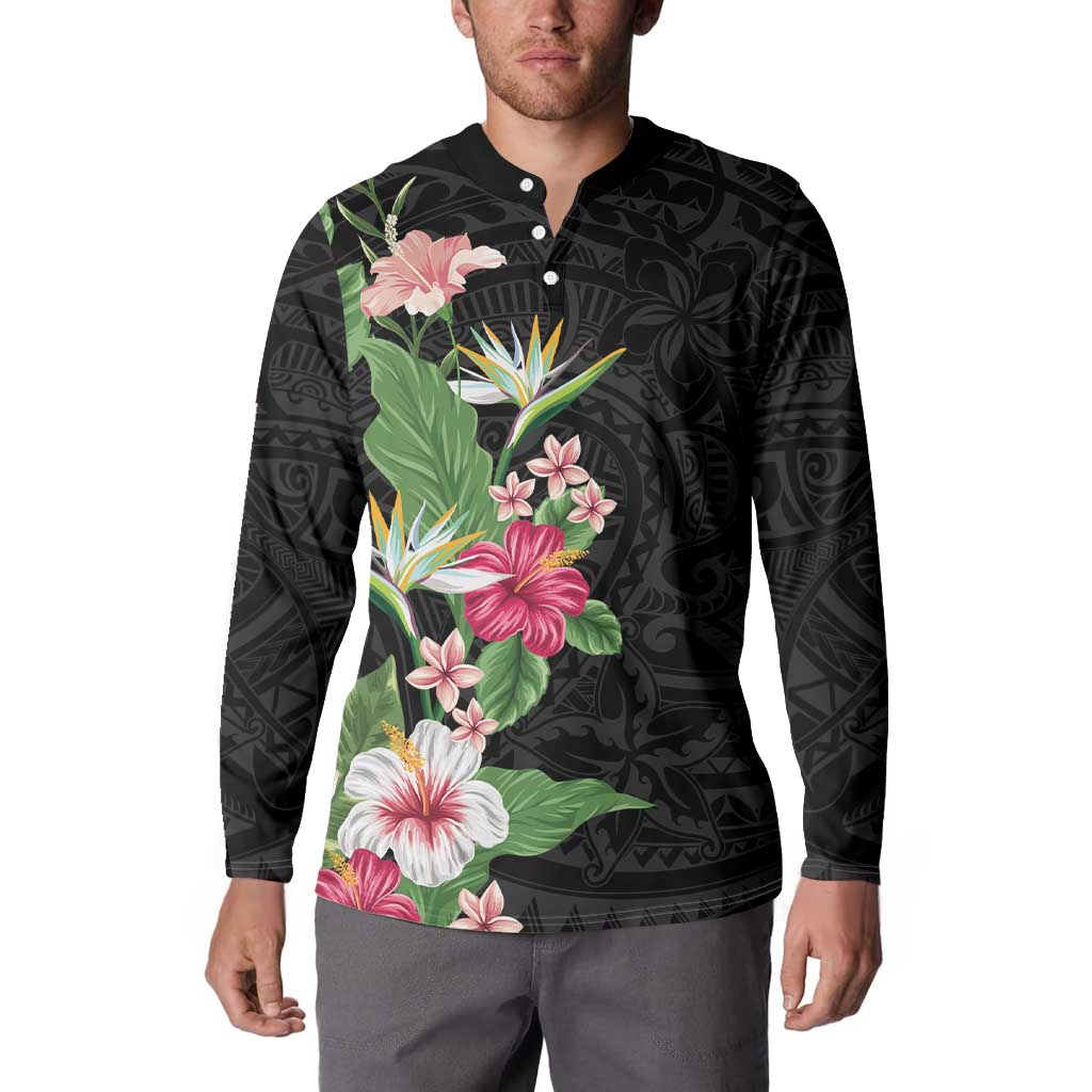 Hawaii Tropical Flowers Button Sweatshirt Polynesian Tattoo Black LT05 - Polynesian Pride