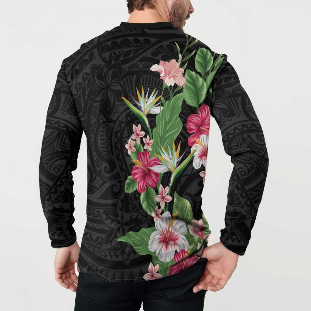 Hawaii Tropical Flowers Button Sweatshirt Polynesian Tattoo Black LT05 - Polynesian Pride