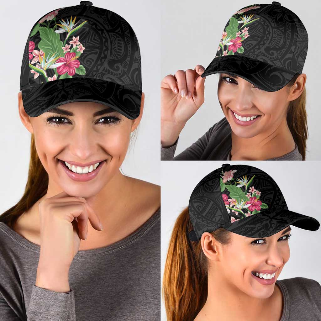 Hawaii Tropical Flowers Classic Cap Polynesian Tattoo Black LT05 - Polynesian Pride