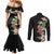 Hawaii Tropical Flowers Couples Matching Mermaid Dress and Long Sleeve Button Shirt Polynesian Tattoo Black