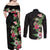 Hawaii Tropical Flowers Couples Matching Off Shoulder Maxi Dress and Long Sleeve Button Shirt Polynesian Tattoo Black