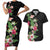 Hawaii Tropical Flowers Couples Matching Short Sleeve Bodycon Dress and Hawaiian Shirt Polynesian Tattoo Black