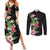 Hawaii Tropical Flowers Couples Matching Summer Maxi Dress and Long Sleeve Button Shirt Polynesian Tattoo Black