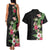 Hawaii Tropical Flowers Couples Matching Tank Maxi Dress and Hawaiian Shirt Polynesian Tattoo Black