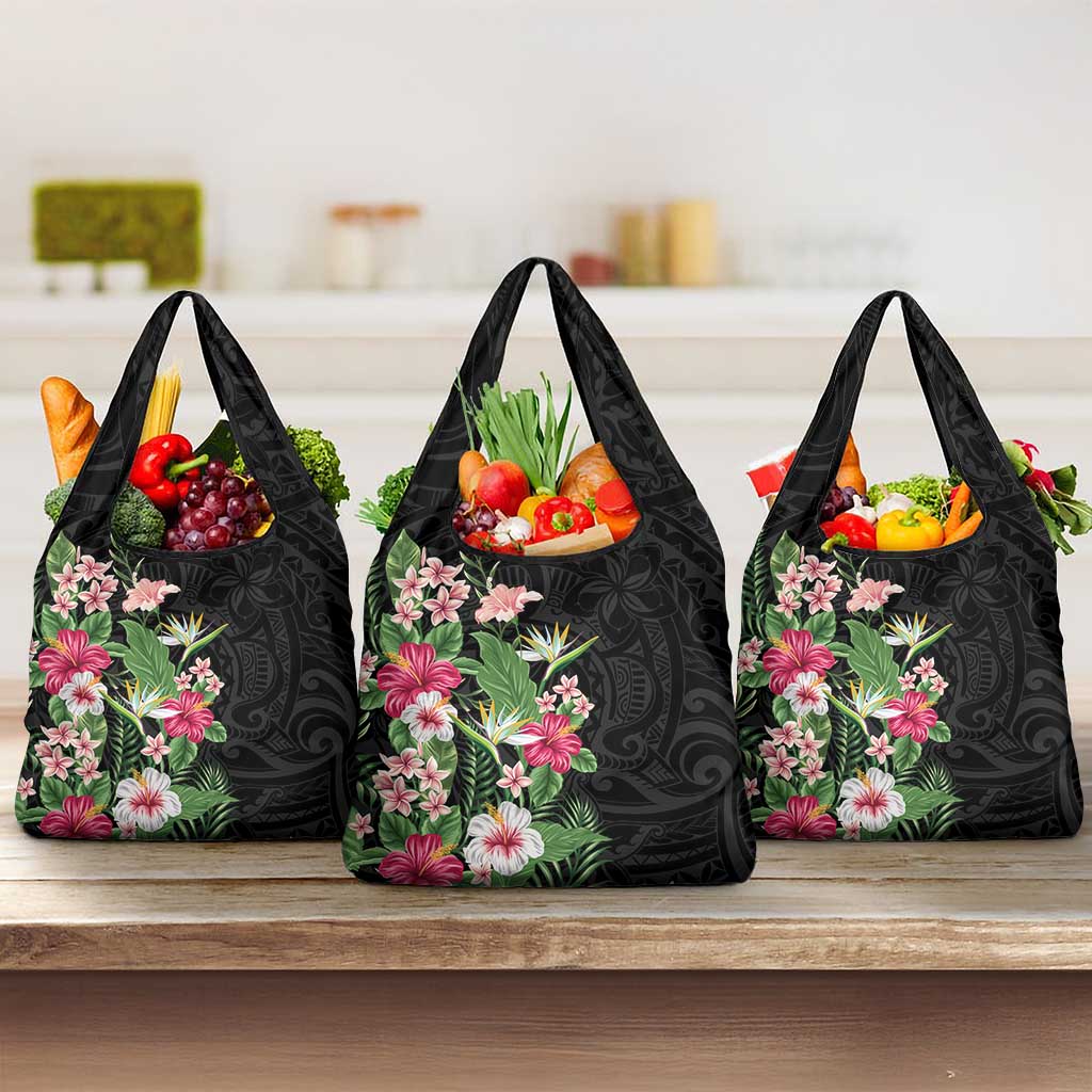 Hawaii Tropical Flowers Grocery Bag Polynesian Tattoo Black LT05 3-pack One Size Black - Polynesian Pride
