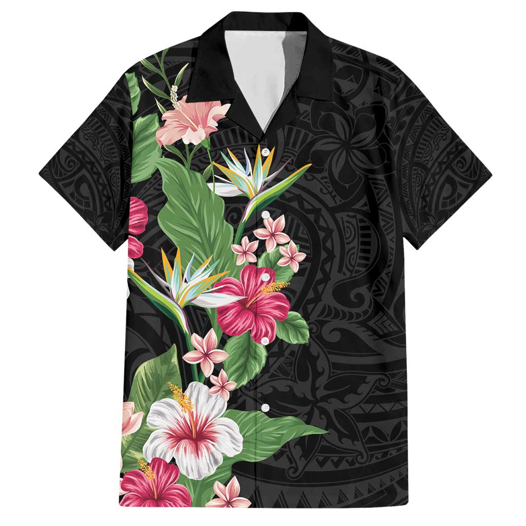 Hawaii Tropical Flowers Hawaiian Shirt Polynesian Tattoo Black LT05 Black - Polynesian Pride