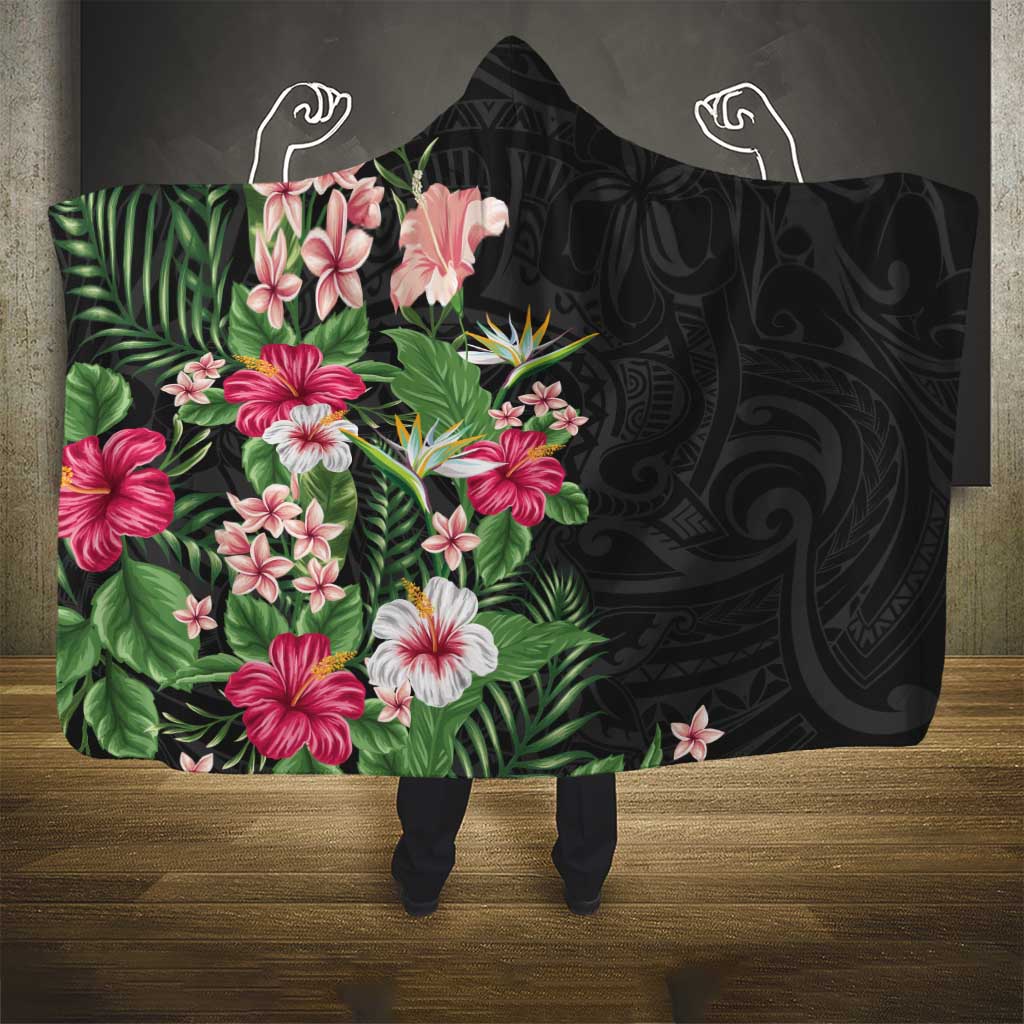 Hawaii Tropical Flowers Hooded Blanket Polynesian Tattoo Black LT05 - Polynesian Pride