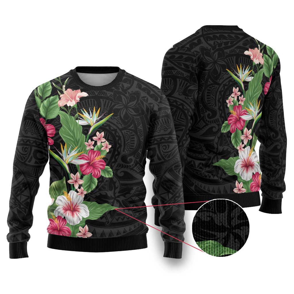Hawaii Tropical Flowers Ugly Christmas Sweater Polynesian Tattoo Black LT05 Black - Polynesian Pride