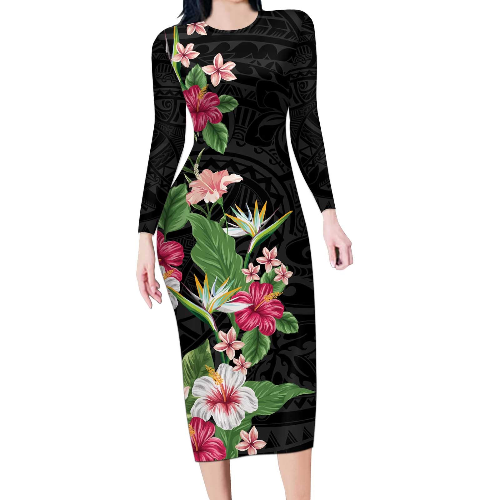 Hawaii Tropical Flowers Long Sleeve Bodycon Dress Polynesian Tattoo Black LT05 Long Dress Black - Polynesian Pride