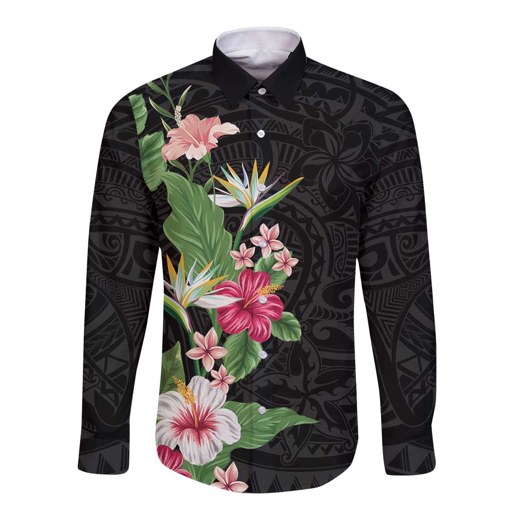 Hawaii Tropical Flowers Long Sleeve Button Shirt Polynesian Tattoo Black LT05 Unisex Black - Polynesian Pride