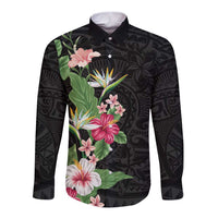 Hawaii Tropical Flowers Long Sleeve Button Shirt Polynesian Tattoo Black LT05 Unisex Black - Polynesian Pride