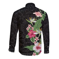 Hawaii Tropical Flowers Long Sleeve Button Shirt Polynesian Tattoo Black LT05 - Polynesian Pride