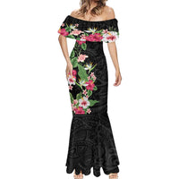 Hawaii Tropical Flowers Mermaid Dress Polynesian Tattoo Black LT05 - Polynesian Pride