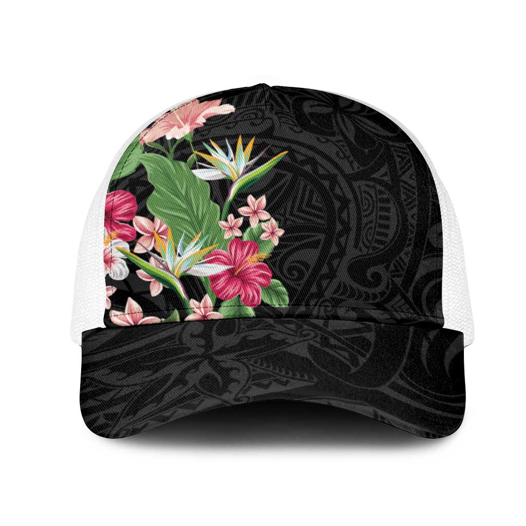 Hawaii Tropical Flowers Mesh Trucker Cap Polynesian Tattoo Black LT05 One Size White Black - Polynesian Pride