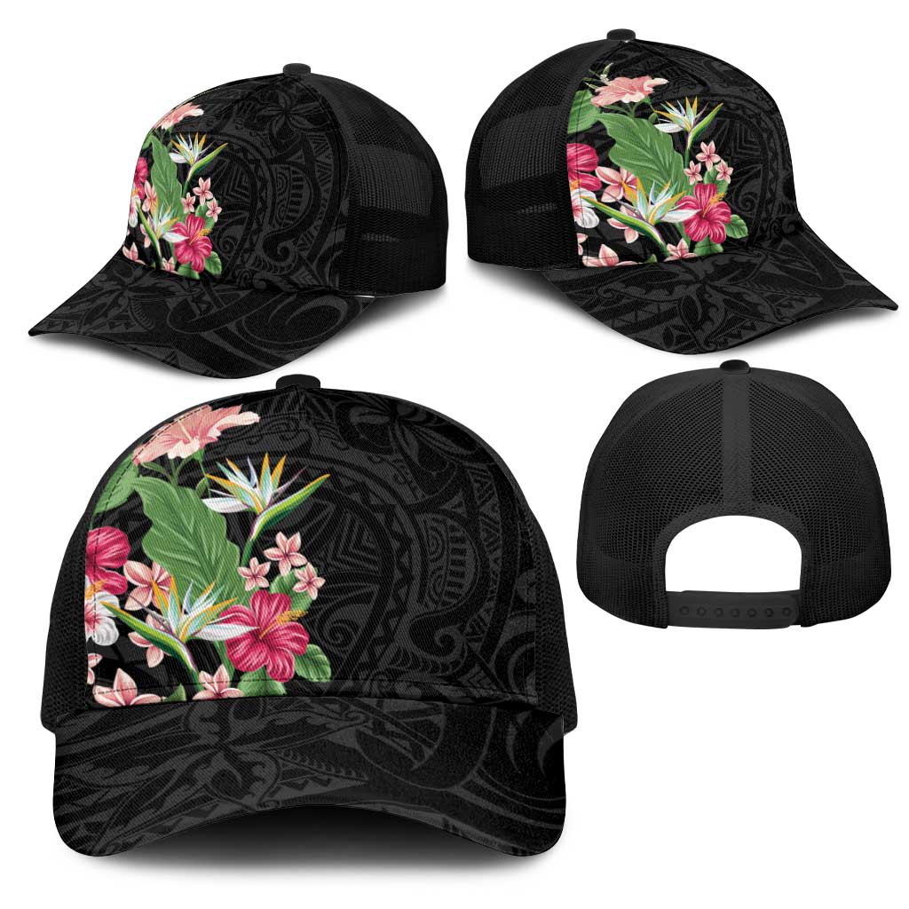 Hawaii Tropical Flowers Mesh Trucker Cap Polynesian Tattoo Black LT05 - Polynesian Pride