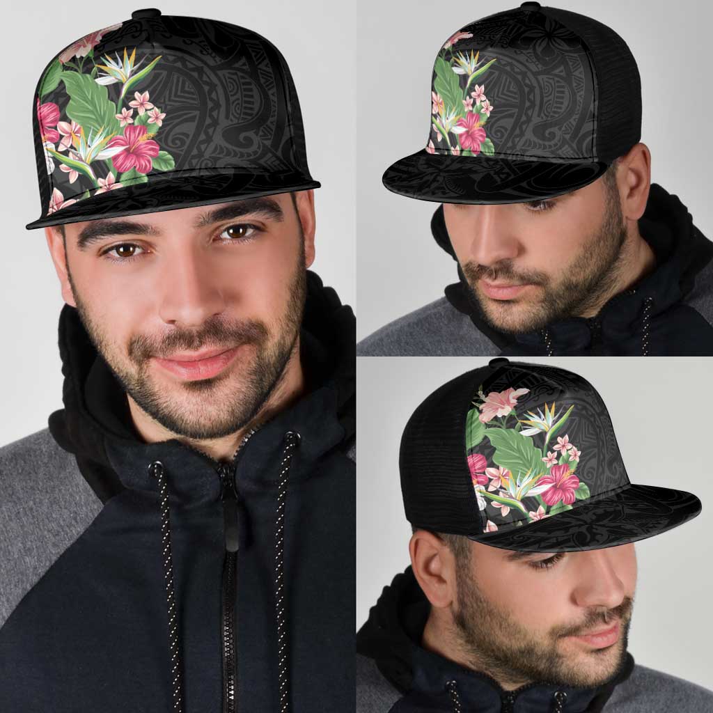 Hawaii Tropical Flowers Mesh Trucker Cap Polynesian Tattoo Black LT05 - Polynesian Pride