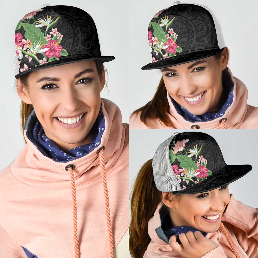 Hawaii Tropical Flowers Mesh Trucker Cap Polynesian Tattoo Black LT05 - Polynesian Pride