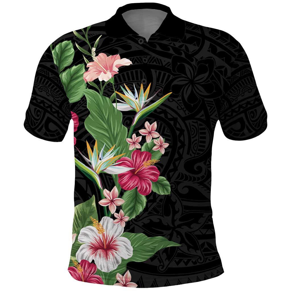 Hawaii Tropical Flowers Polo Shirt Polynesian Tattoo Black LT05 Black - Polynesian Pride